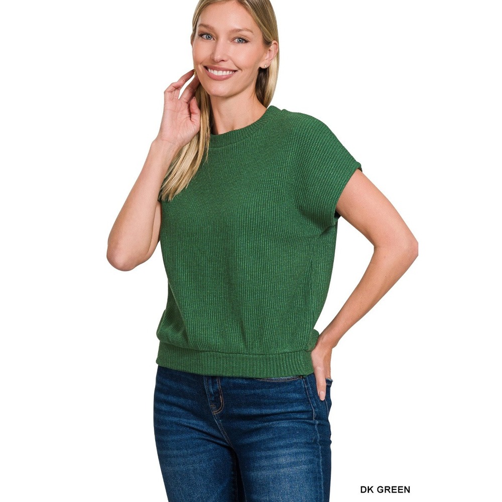 296-S Zenana Waffle Knit Sweater Top Women DK Green Short Sleeve Relaxed